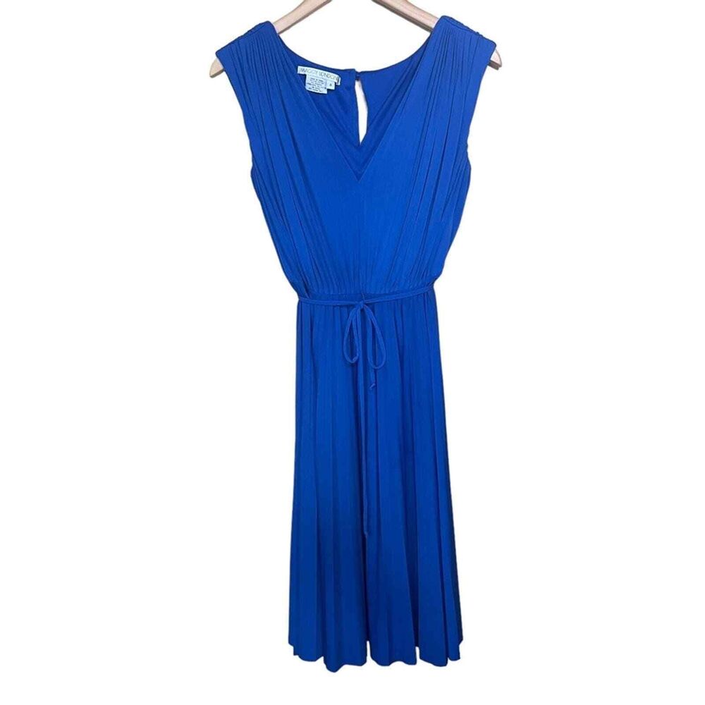 Maggy London Royal Blue Pleated V-Neck Tie Waist‎ Midi Dress Womens 4